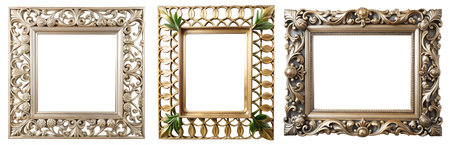 Set of golden frames for paintings, mirrors, or photos isolated on a white background. The concepts...