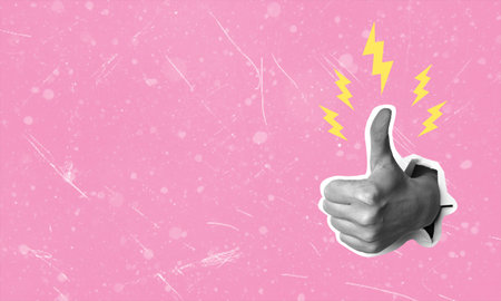 Female hand showing thumbs up gesture, on a red background, art collage. Positive hand sign. Thumbs...