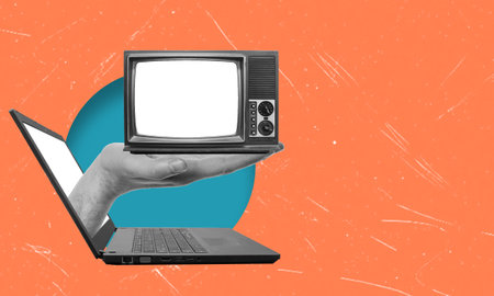 Modern art collage image of a hand with TV coming out of the laptop. Concept of advertising, technology, and promotion.の写真素材