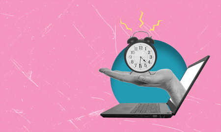 Contemporary art collage depicting a hand with an alarm clock, climbing out of a laptop. Concept of working at a laptop on time.の写真素材