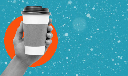 Modern art collage art design hand holding a paper cup of coffee. Concept of delicious and hot beverage.の写真素材