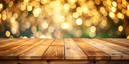 Festive background with light spots and bokeh in front of an empty wooden table. The concept of advertising, celebration, and fun.の写真素材