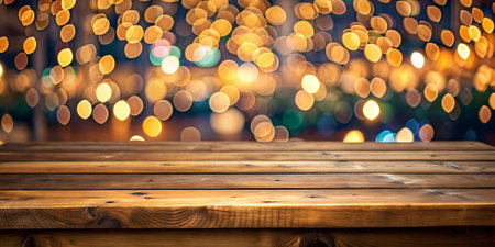 Festive background with light spots and bokeh in front of an empty wooden table. The concept of advertising, celebration, and fun.の写真素材