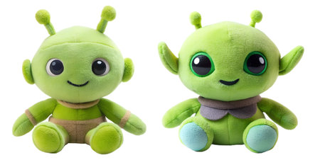 Plush green monster for small children isolated on a white background. Crazy green mascot, alien.
