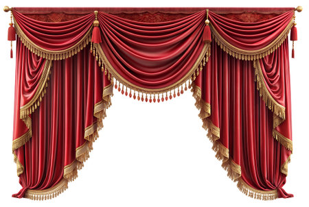 Rich red drapes adorned with intricate golden tassels and beaded fringes create a luxurious atmosphere in an elegant indoor space. The fabric cascades in soft folds, showcasing sophistication and grandeur, suitable for formal events or theater settings.の写真素材