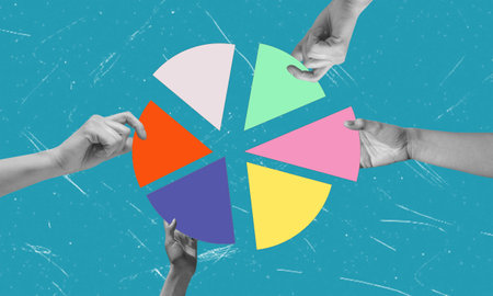 Diversified investment strategy. Hands hold the charts. The investor manages the portfolio. Pie chart, division. Modern art art collage.の写真素材