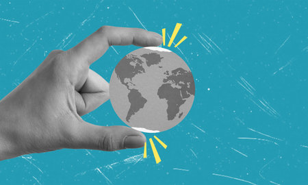 Contemporary art art collage depicting a hand holding the earth. Concept of planet Earth.の写真素材