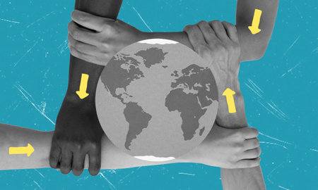 Contemporary art collage, modern design. Abstract globe and hands of people. Happy Earth Day. The theme of saving the planet, human hands protect our Earth.の写真素材