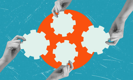Contemporary art collage featuring a multitude of hands with gears. Concept of teamwork and...