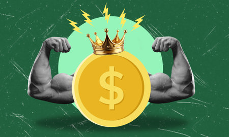 The image displays muscular arms flexing beside a large golden coin adorned with a crown, representing strength and financial success in a vibrant green backdrop.の写真素材