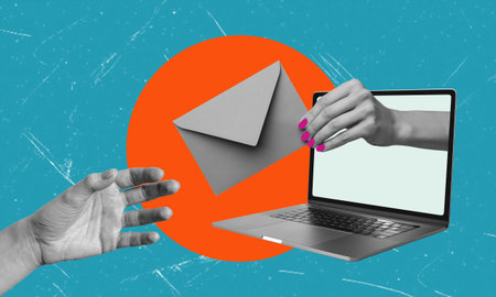 Modern art collage depicting a hand with a letter from a laptop, hand reaching for the letter on a...