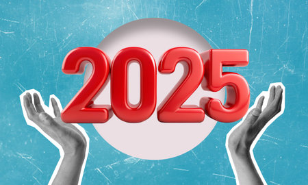 Contemporary art collage featuring hands and numbers 2025. Time for gift giving. Concept of new year...