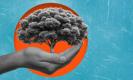 Contemporary art collage featuring hands and wood. The concept of preserving ecology, forests and a...