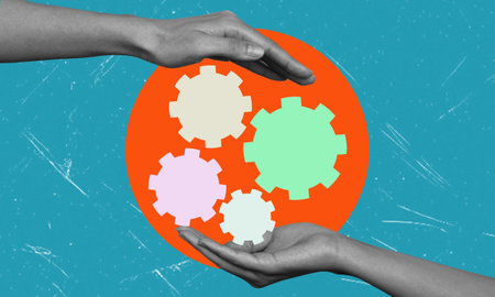 Contemporary art collage. Hands in black and white filter start mechanism with gears on blue background. Concept of business, planning, startup, creativity, inspiration.の写真素材