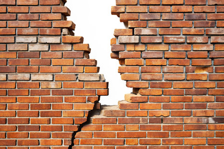 Big hole in the brick wall. With clipping path. Brick texture concept.