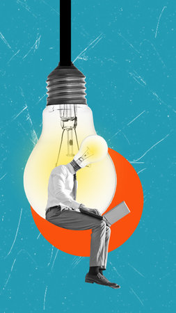 A developer with a laptop sits on an electric lamp. New idea. Business concept. Contemporary art collage art. Cover for cell phone, format 9:16の写真素材