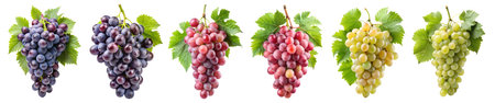 Collection of different grape varieties. black, white, and red with leaves on a white background. The concept of tasty and healthy food.の写真素材