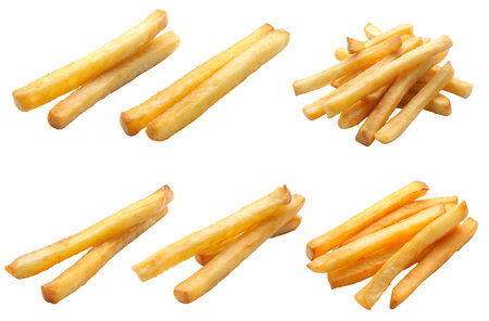 Set of potato chips and fries on a white background. Junk food concept. Many different templates for artistic designの写真素材