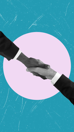 A handshake of businessmen. Modern design with a positive context. Concept of help, support, and agreement between businessmen. Modern art collage. Cover for cell phone, format 9:16の写真素材