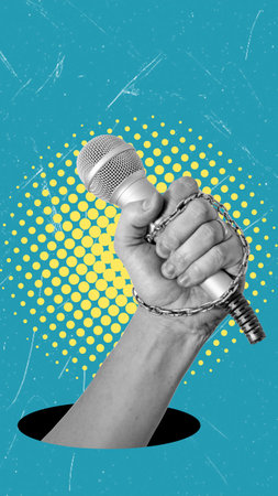 Modern art collage art featuring a hand holding a microphone and copy space on a blue background. The concept for news, interview, and advertisement. Cover for cell phone, format 9:16の写真素材