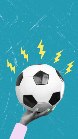 Modern art collage showing hands with the soccer ball on a blue background, copy space. The concept of playing sports.の写真素材