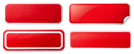Set of red stickers on an insulated white background. Horizontal sticky tape of different sizes, pieces of glue.の写真素材