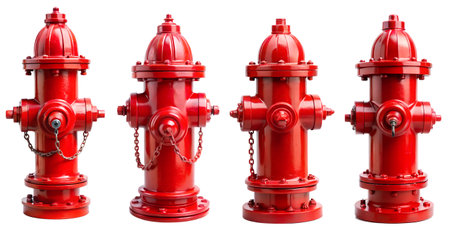 A set of fire hydrants isolated on a white background. Firefighting and safety concept, equipment.の写真素材