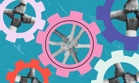 The hand moves the gears forward. Creating effective business solutions. A modern art collage. A coherent business process. The concept of business, consulting, progressの写真素材