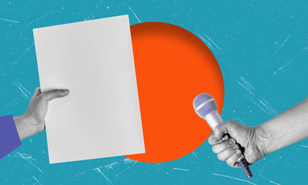 Modern art collage featuring a hand-holding microphone and hand-holding paper on a blue background. Voting, interview, or advertisement concept.の写真素材