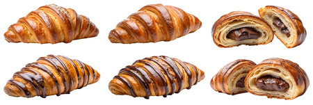 Set of French croissants with chocolate on an isolated white background. The concept of delicious, sweet and national pastries.の写真素材