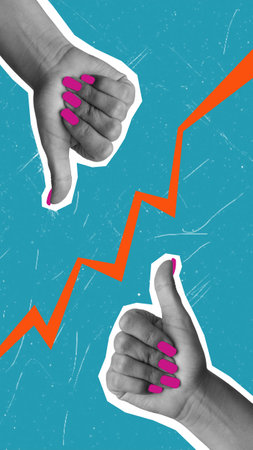 Modern art collage with the image of a hand pointing thumb up another thumb down. The concept of balance and choice. Cover for cell phone, format 9:16の写真素材