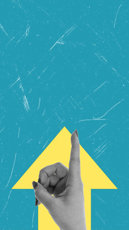 Modern art collage featuring hand-pointing fingers on a blue background with copy space. A concept to advertise and promote your product. Cover for cell phone, format 9:16の写真素材