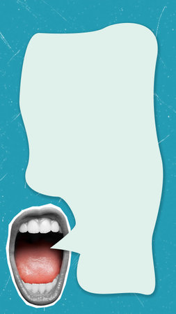 Contemporary art collage featuring open mouth and message bubble. Advertising and promotion concept....