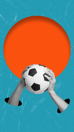 Modern art collage showing hands with the soccer ball on a blue background, copy space. The concept of playing sports. Cover for cell phone, format 9:16の写真素材