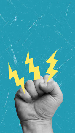 A modern artistic collage of a human hand clenched in a fist with lightning on a blue background. The concept of resistance and power. Cover for cell phone, format 9:16の写真素材