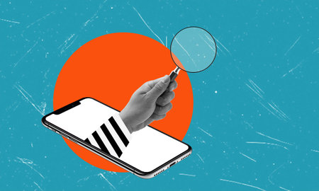 Modern art collage depicting scammer's hand with a magnifying glass from a cell phone on a blue background. The concept of fraud on the Internet.の写真素材