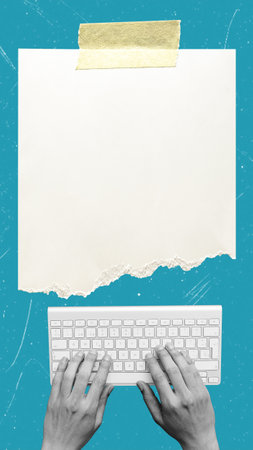 Contemporary art collage. Creative design. Male hand fast typing on the keyboard, developing code, securing information. Concept of IT, business, data science, coding, occupation, modern technologies Cover for cell phone, format 9:16の写真素材