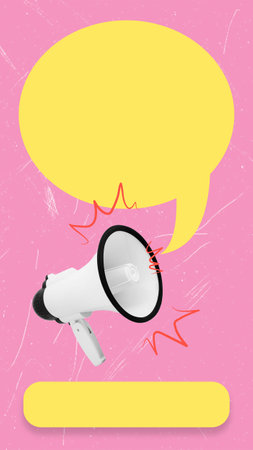 Modern art design, megaphone, and message bubble on pink background. Concept for news, advertising, and promotions. Cover for cell phone, format 9:16の写真素材