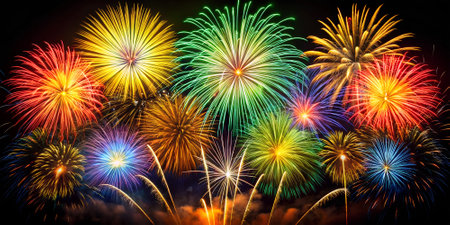 Golden fireworks pyrotechnics to the dark black night sky. A concept of celebration and fun.の写真素材