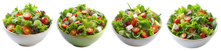 Set of deep plates with salad on a white insulated background. The concept of delicious and healthy food.の写真素材