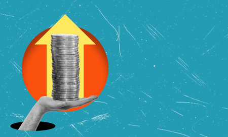 Modern art collage human hand palm holding a stack of gold coins and up arrow. Concept Assets currency trading earnings high-profit income.の写真素材
