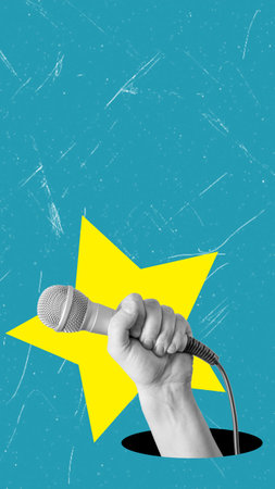 Modern art art collage showing a hand holding a microphone and a star. Singing concept, star born, or news. Cover for cell phone, format 9:16の写真素材