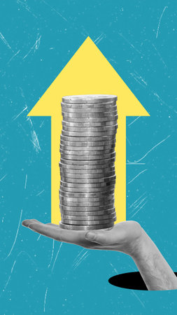 Modern art collage human hand palm holding a stack of gold coins and up arrow. Concept Assets currency trading earnings high-profit income. Cover for cell phone, format 9:16の写真素材