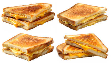A set of delicious grilled sandwiches with melted cheese isolated on a white background. The concept of tasty and fast food.の写真素材