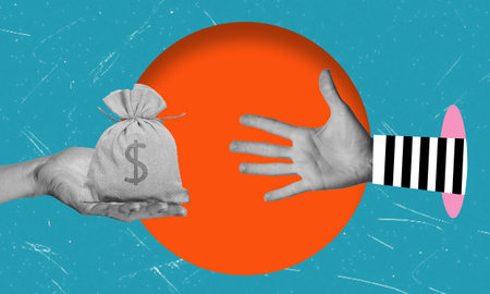 Modern art collage shows a hand with money and a crook's hand trying to steal money. The concept of stealing money from people.の写真素材