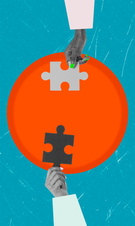 Hands connecting puzzle pieces on a blue background. Contemporary art collage art. Cover for cell...