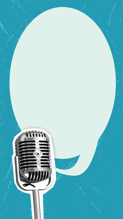 Creative photo collage poster, vintage microphone, and bubble with a message. The concept for an advertisement, webinar, or talk. Cover for cell phone, format 9:16の写真素材