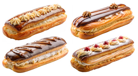 A set of delicious chocolate-covered eclairs on a white background. The concept of delicious and...