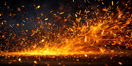 Bright yellow sparks on a black background. Magic lamp, fire and flame.