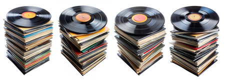 Set of Stacks of vinyl records on a white background. The concept of good music.の写真素材